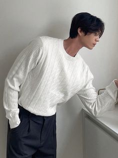 Men's Round Neck Long Sleeve Solid Color Sweater, Autumn White Casual  Long Sleeve Knitwear Plain Pullovers Slight Stretch Fall Men Clothing, size features are:Bust: ,Length: ,Sleeve Length: Sports Jackets Women, Solid Color Sweater, Daily Hairstyles, Silk Stockings, Retro Hairstyles, Knitwear Men, Women's Shapewear, Casual Sweaters, Bow Hair Clips