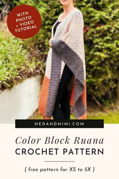 The Color Block Ruana is an easy crochet pattern using #4 worsted/medium weight yarn. The free pattern includes both video and photo tutorial, making the creation process a breeze! This cozy garment is made in three sections, featuring ribbed texture and chic color blocking. It is customizable and available in sizes ranging from XS to 5X. It's a perfect accessory for layering in cooler weather!