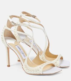 Bridal Azia embellished leather sandals in white - Jimmy Choo | Mytheresa Jimmy Choo Wedding Heels, Jimmy Choo Bridal Shoes, Fancy High Heels, Jimmy Choo Bridal, Jimmy Choo Sandals, Jimmy Choo Heels, Boot Jewelry, Wedding Heels, Evening Shoes