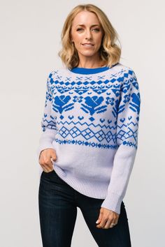 Comfortable and cozy oversized sweater Soft and stretchy sweater knit Soft light Blue with Cobalt blue Fairisle pattern Round, wide-ribbed neckline Wide ribbed cuffs and hemline Trina is 5'6, cup size 32D, size 2 and is wearing size S Cozy Oversized Sweaters, Graphic Sweaters, Fair Isle Pattern, Lucerne, Print Sweater, Ribbed Neckline, Sweater Women, Sweater Design, Printed Sweater