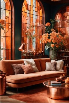 Revel in the warm embrace of this magnificent living room, where copper wall decor takes center stage. Stained glass windows framed in copper arches cast an enchanting glow, while a plush copper-toned sofa beckons. Copper vase shelves adorned with verdant greens and a round copper coffee table anchor the space. It’s an ode to refined elegance and timeless allure. Teal And Copper Bedroom, Interior Design Living Room Warm, Formal Living Room Designs, Copper Wall Decor, Interior Design Games