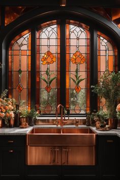 Enter a regal kitchen where copper takes center stage. The resplendent copper sink and fixtures glisten against dark cabinetry, evoking a sense of luxury. Majestic stained glass windows framed in copper arches, adorned with floral patterns, cast a dappled glow across the space. Lush flowers in copper pots bring a touch of nature's splendor. This kitchen is a harmonious blend of opulence, elegance, and craftsmanship, celebrating the exquisite beauty of copper in interior design. Copper Wall Art, Copper Wall, Stained Glass Window, House Goals, Dream Rooms, Pretty House