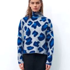 Zara Jacquard Knit Sweater 54% Polyester, 39% Acrylique, 4% Wool, 3% Elastane Brand New With Tags Blogger's Favorite! Sold Out Item! Blue Jacquard Knit Outerwear For Fall, Blue Turtleneck Outerwear For Fall, Casual Blue Turtleneck Outerwear, Blue Jacquard Knit Outerwear For Winter, Chic Blue Soft Knit Sweater, Blue Jacquard Knit Sweater For Fall, Chic Jacquard Knit Tops For Winter, Chic Blue Turtleneck Sweater, Blue Jacquard Knit Sweater