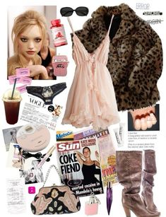 a collage of fashion and accessories including shoes, clothing, lipstick, magazine pages