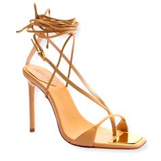 Schutz Vikki Honey Beige Leather Sandal Brand New Size 9.5 Summer Leather Lace-up Sandals With Reinforced Heel, Luxury Leather Strappy Lace-up Sandals, Summer Strappy Leather Heels, Strappy Leather Heels For Summer, Leather Lace-up Sandals With Pointed Toe For Spring, Gold Leather Heels For Spring, Gold Leather Sandals For Night Out, Leather Strappy Heels With 4-inch Heel, Luxury Lace-up Sandals With Single Toe Strap For Summer