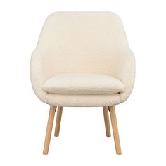 an upholstered white chair with wooden legs