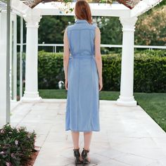 Elevate your casual chic style with our Anna-Kaci Women's Sleeveless Jean Shirt Dress. Crafted from lightweight and soft denim fabric, this dress features elegant details such as a button-down front placket, tied waist belt, and turn-down collar for a timeless fashion statement. Sleeveless Denim Blue Top For Work, Sleeveless Cotton Denim Top For Work, Summer Denim Top For Workwear, Sleeveless Blue Denim Top For Work, Casual Sleeveless Denim Top For Work, Blue Denim Vest For Workwear In Summer, Summer Blue Denim Vest For Workwear, Blue Denim Top For Summer Workwear, Summer Blue Denim Top For Work