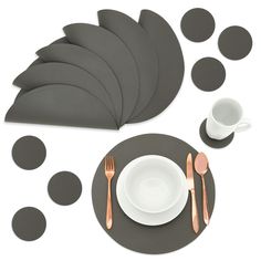 PRICES MAY VARY. PU Leather Placemats: Keep your table free of unwanted stains and accidental spills with this set of dark grey leather placemat and coasters For Personal or Professional Use: The decorative grey placemats and coasters will instantly elevate the table setting in any home, restaurant, hotel, kitchen, or dining hall Easy To Clean: The wipeable and virtually non-slip placemats are made from high-quality PU leather that can easily be cleaned with a cloth or paper towel and reused for Circle Placemats, Grey Placemats, Leather Placemats, Modern Placemats, Circle Table, Round Placemats, Round Coasters, Coaster Design, Round Leather