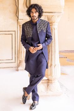 Navy blue bandhgala with placed sequins hand embroidery. Paired with a plain long kurta and a matching pant. - Aza Fashions Festive Straight Kurta Bandhgala For Reception, Formal Bandhgala With Mirror Work, Bandhgala Straight Kurta For Diwali Reception, Diwali Reception Bandhgala Straight Kurta, Traditional Fit Bandhgala For Eid, Eid Traditional Bandhgala, Traditional Fit Bollywood Bandhgala For Eid, Nehru Jacket For Eid Reception Straight Kurta, Nehru Jacket For Eid Reception, Straight Kurta Style