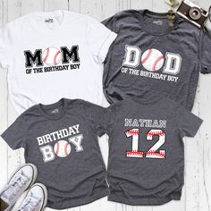 Baseball Birthday Boy Shirt, Mom Dad of the Birthday Boy Shirt, Custom Family Birthday Party Tshirt, Personalized Baseball Name Number Shirt Celebrate your little slugger's birthday with our Baseball Birthday Boy Shirt, a perfect outfit for the baseball-themed party. Coordinate with the whole family with our Mom Dad of the Birthday Boy Shirt, showing your pride and support. Customize your family's look with our Custom Family Birthday Party Tshirt, making your celebration extra special. Personali Baseball Birthday Outfit, Baseball Birthday Shirt, Baseball Food, Tshirt Making, Baseball Fan Shirts, Family Birthday Party, Baseball Shirt Designs, 9 Birthday, Baseball Theme Party