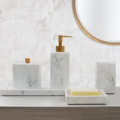 marble bathroom set with soap dispenser, soap dish and mirror