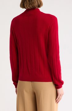 Decoratively stitched ribbing subtly enhances the ultra-soft cashmere yarns of this versatile crewneck sweater. 34" length (size Small) Crewneck Long sleeves 100% cotton Dry clean Imported Cashmere Workwear Sweater In Red, Red Cashmere Sweater With Fine Knit, Elegant Red Crew Neck Sweater, Classic Red Fine Knit Sweater, Classic Red Crew Neck Cardigan, Red Crew Neck Classic Cardigan, Classic Red Sweater With Ribbed Collar, Bruno Magli, Cashmere Yarn