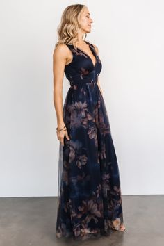 Kamila Tulle Maxi Dress | Dark Blue Floral - Baltic Born Bridesmaids Styles, Sleeveless Wedding Gown, Dark Floral Dress, Navy Blue Floral Dress, Formal Wedding Guest Dress, Dress Dark Blue, Floral Bridesmaid Dresses, Tulle Maxi Dress, Baltic Born