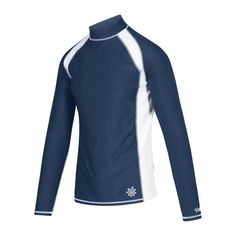 the long - sleeved shirt is blue and white, with an embroidered design on the chest