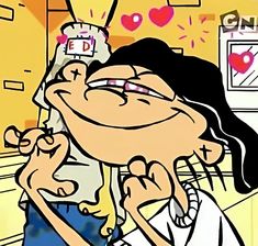 a cartoon character kissing another person in the kitchen with hearts on the wall behind her