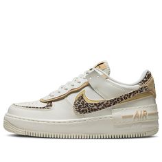 The Nike Air Force 1 Low Shadow Leopard features a classic basketball-inspired design with a modern twist.  The sleek leather base in a Soft Sail hue is accented with creamy suede and a distinctive leopard print Swoosh. The "Double Everything" design concept adds a layered look with dual Swooshes and an exaggerated midsole, creating a unique and comfortable sneaker. (AF1/SNKR/Skate/Low Top/Women's/Non-Slip/Leopard Print/Wear-resistant) Womens Air Force 1, Air Force Women, Tenis Nike Air, Nike X Travis Scott, Ugg Ultra Mini, Nike Air Force 1 Shadow, Low Air Jordan 1, Air Force 1 Shadow, Nike Models