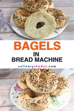 bagels in bread machine are stacked on top of each other with poppy seed sprinkles