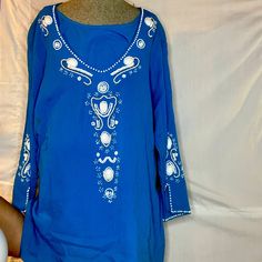 100 Percent Cotton With Shell Lining Wash Hang Dry Easy Care Blue Long Sleeve Tops For Beach Season, Long Sleeve Turquoise Tops For Vacation, Blue Tops For Beach Festival, Casual Beaded Tops For The Beach, Turquoise Long Sleeve Tops For Vacation, Casual Beaded Tops For Beach, Beaded Blue Tops For Spring, Blue Beaded Tops For Spring, Spring Blue Beaded Tops