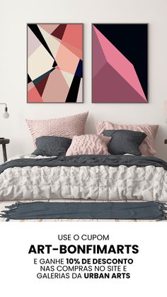 two paintings on the wall above a bed in a room with white walls and pillows