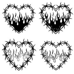 four heart shaped tattoos with flames and barbed wire on the sides, all in black