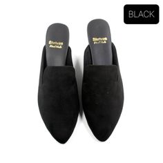 Black Suede Flat Slip-ons, Suede Mules With Flat Heel, Trendy Suede Slip-on Heels, Trendy Slip-on Suede Heels, Trendy Suede Mules With Round Toe, Black Suede Slip-ons With Flat Heel, Trendy Suede Slip-on Mules, Trendy Suede Slip-ons, Slip-on Flat Suede Mules