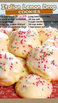 italian lemon drop cookies with white icing and sprinkles on a red plate