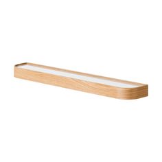 a wooden shelf with white glass in the top and bottom section, on a white background