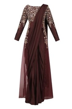 Shop for Masumi Mewawalla Brown Silk Pre-draped Saree With Blouse for Women Online at Aza Fashions Jacket Saree, Saree Jackets, Indian Saree Blouses Designs, Red Lehenga, Indian Gowns Dresses, Designer Saree Blouse Patterns, Indian Gowns, Party Wear Indian Dresses, Fancy Blouses