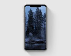 an iphone is shown with the image of trees and water on it's screen