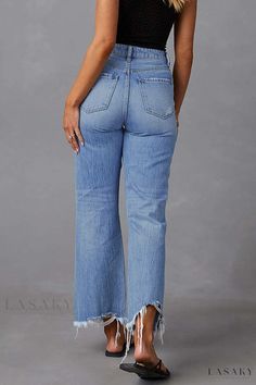 Lasaky - Classic High-Waisted Denim Jeans with Distressed Vintage Appeal High Waist Ripped Jeans In Medium Wash, Ripped High Waist Cropped Jeans In Medium Wash, High Waist Ripped Cropped Jeans In Medium Wash, Ripped High-waist Cropped Jeans, Distressed High Waist Cropped Jeans, Ripped High Waist Cropped Denim Jeans, High Waist Ripped Cropped Denim Jeans, High Waist Distressed Cropped Jeans, High Waist Ripped Cropped Jeans For Fall