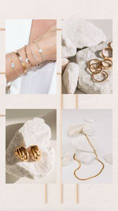 four different types of rings and bracelets sitting on top of white rocks with text overlay