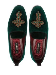 Shop Dolce & Gabbana embellished velvet loafers with Express Delivery - FARFETCH Luxury Green Loafers For Formal Occasions, Luxury Green Loafers, Elegant Embellished Slip-on Loafers, Velvet Slippers, Velvet Loafers, Emerald Wedding, Emerald City, Man Fashion, Crystal Embellishment