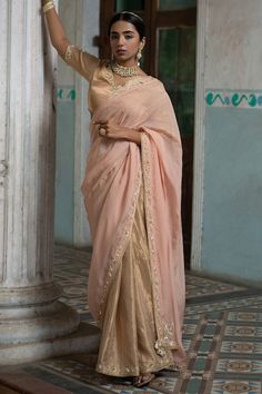 Buy Gold Embroidered Zardozi Work Border Saree With Running Blouse For Women by Sheela Suthar Online at Aza Fashions. Gold Organza, Zardozi Work, Tissue Saree, Rose Peach, Border Saree, Gold Blouse, Embroidered Saree, Embroidered Border, Blouse For Women