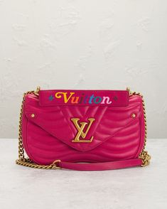 Pink calfskin leather with gold tone hardware with suede lining.  Made in France.  Flap top with push lock closure.  One main compartment.  Interior slip pocket.  Top handle with multi-color embroidered logo script, Gold-tone chain link shoulder strap.  Circa 2018.  Measures approx 10" W x 5.5" H x 3" D, Top handle with a 2" drop, Adjustable shoulder strap measures approx 21".  .  Good.  Light wear throughout.  Signs of use throughout.  Light rubs on corners.  Light scratches on hardware.  Light Luxury Pink Bag With Metal Logo, Luxury Pink Bags With Metal Logo, Designer Pink Bag With Metal Logo, Luxury Leather Shoulder Bag With Embroidered Logo, Chic Leather Bags With Embroidered Logo, Luxury Leather Bags With Embroidered Logo, Luxury Embroidered Logo Crossbody Bag, Louis Vuitton New, Logo Script