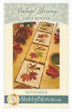 a table runner with autumn leaves on it and the words vintage blessing table runner written in white