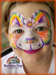 Rainbow Puppy Face Painting by Denise Cold of Painted Party Face Painting www.PaintedParty.com Puppy Face Paint, Bunny Face Paint, Easter Face Paint, Rainbow Face Paint, Girl Face Painting, Face Paint Kit, Rainbow Face