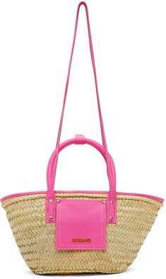 Hand-woven palm leaf and buffed leather tote in beige and pink. · Press-stud tab at rolled carry handles · Fixed crossbody straps · Patch pocket and logo hardware at face · Lanyard-clasp closure · Unlined · Logo-engraved gold-tone hardware · H8 x W18 x D5 Supplier color: Neon pink Pink Woven Leather Tote Shoulder Bag, Pink Woven Leather Bags For Summer, Summer Pink Woven Leather Bags, Pink Rectangular Woven Leather Shoulder Bag, Pink Rectangular Woven Leather Bag, Pink Tote Bag With Woven Leather, Pink Woven Leather Tote Bag, Pink Woven Leather Bag, Pink Top Handle Straw Bag