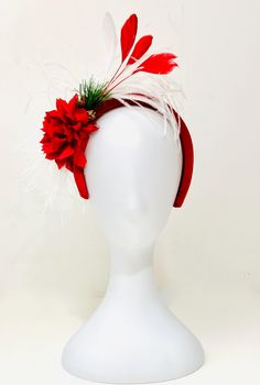 Christmas Fascinator Headband  Red or Green Headband,  Red Fascinator Headband,  Red velvet padded headband with Red and White Coqui Feather  Christmas Holly with Marabou feather ostrich feather and  4.5 Satten Chiffon  flower Adjustable Mini Hat For Formal Holiday Events, Adjustable Mini Hats For Formal Holiday Events, Holiday Party Headband Fascinator, Festive Red Headband, Christmas Festive Headband Headpiece, Festive Christmas Headband, Adjustable Red Headband Costume Accessory, Red Adjustable Headband Costume Accessory, Red Adjustable Costume Headband