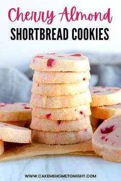 strawberry shortbread cookies stacked on top of each other with the words cherry almond shortbread cookies