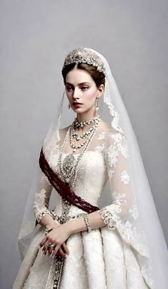 a woman in a wedding dress with a veil on her head and wearing a tiara