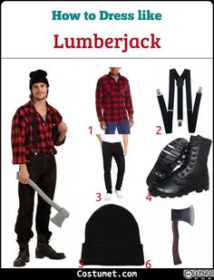 a man in plaid shirt and black hat with lumber items on it, including boots