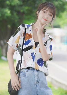 White Abstract Paint Print Shirt M Korean Blouses, Korean Shirts, Fashion Chingu, White Stripes Shirt, Abstract Paint, Plaid Vest, Paint Print, Striped Polo Shirt, Leopard Pattern