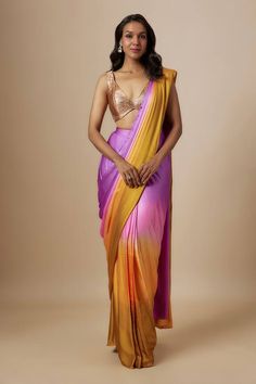 Mustard to purple ombre saree. Comes with badla hand embroidered blouse. - Aza Fashions Cinderella Fashion, Badla Work, Indian Fits, Desi Vibes, Trendy Outfits Indian, Desi Outfits, Sari Design