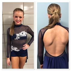 a woman in a blue leotard with sheer back and white flowers on it