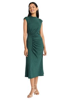 Sophisticated elegance is Gayle, a midi dress that redefines modern femininity. The high neckline and cap sleeves offer a polished look, while the strategically placed ruching creates a flattering silhouette. Perfect for impressing at important business meetings, delivering keynote speeches, or transitioning seamlessly to upscale dinner engagements where you need to command attention with grace. Green Midi Dress With Ruched Bodice For Evening, Green Ruched Bodice Midi Dress For Evening, Elegant Green Ruched Midi Dress, Elegant Green Midi Dress With Ruched Bodice, Formal Green Ruched Midi Dress, Elegant Green Midi Dress With Pleated Bodice, Formal Midi Dress With Gathered Neckline, Green Ruched Midi Dress For Cocktail, Elegant Stretch Green Midi Dress