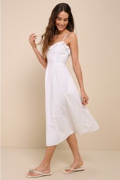 You'll be a perfect match for summer days in the Lulus Lovely Weather White Embroidered Bustier Midi Dress with Pockets! Lightweight woven cotton boasts a pattern of eyelet embroidery as it falls from adjustable spaghetti straps to form a bustier-style bodice with a sweetheart neckline, seamed cups, and ruffled trim. Subtle Basque waist tops an A-line skirt that features side seam pockets before ending at a midi hem. Hidden zipper/clasp at back. Fit: This garment fits true to size. Length: Mid-c Movie Core, Embroidered Bustier, Bustier Midi Dress, Basque Waist, Midi Dress With Pockets, White Embroidered Dress, White Eyelet Dress, Eyelet Embroidery, Weathered White