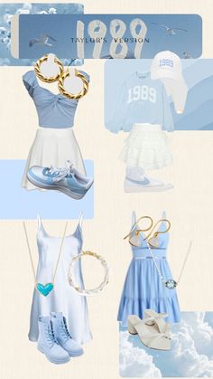 a collage of various items including shoes, clothing and necklaces in blue and white