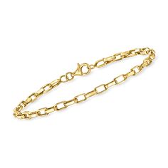 Ross-Simons - 14kt Yellow Gold Paper Clip Box-Link Bracelet. 7". RS Pure. Modern designs that complete your outfit and complement your personality. This handcrafted must-have wraps the wrist in sleek and boxy paper clip links. The classic bracelet's 14kt yellow gold glow will make a perfect addition to any stacked look or favorite outfit! Lobster clasp, 14kt yellow gold paper clip link bracelet. Gold Glow, Classic Bracelets, Fine Jewelery, Gold Paper, Fine Jewelry Bracelets, Bracelets And Charms, Paper Clip, Cable Chain, Link Bracelets