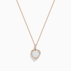 Effy Aurora 14K Rose Gold Diamond and Heart Opal Pendant Rose Gold Heart Charm Necklace For Wedding, Rose Gold Heart Cut Necklace For Wedding, Classic Rose Gold Heart Cut Jewelry, Wedding Rose Gold Heart Cut Necklace, Rose Gold Heart Pendant Jewelry For Wedding, 14k Rose Gold Fine Jewelry For Valentine's Day, Luxury Rose Gold Double Heart Jewelry, Rose Gold Open Heart Necklace For Wedding, Elegant Rose Gold Heart Charm Necklace