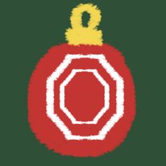 a red ornament with a yellow top and white outline on the bottom, against a green background